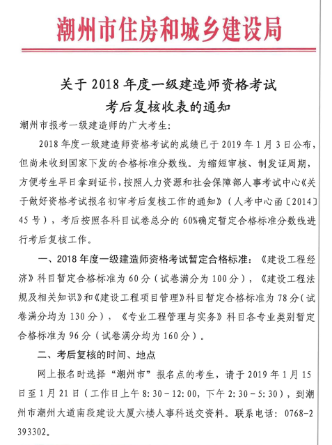 2018年广东潮州一级建造师考后资格复审时间1月15至21日