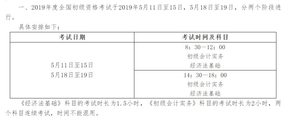 2019年初级会计考试时间